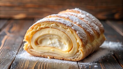 Wall Mural - Delicious creme roll dessert with a flaky pastry outer layer and creamy filling, creme roll, dessert, pastry, cream, sweet