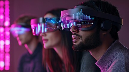 Poster - Diverse team wearing VR headsets, viewing data visualizations.