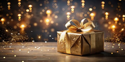 Wall Mural - Mysterious gift box with question marks and golden bow on dark background with bokeh lights, mystery