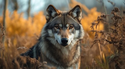 Wall Mural - majestic wolf in autumnal landscape. wildlife, nature, animal portrait.