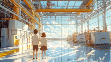 Poster - Anime couple exploring dreamy industrial factory floor with coral and yellow palette bright environment whimsical perspective