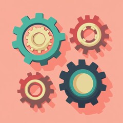 Poster - Colorful gears in various sizes, showcasing a playful design on a peach background.