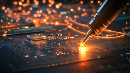 Poster - Close-up of a soldering tool working on a circuit board with glowing connections, showcasing intricate technology.