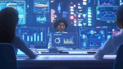 Poster - Diverse team analyzes data on multiple screens.