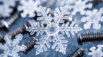 Poster - An artistic contrast of metallic screws and delicate ice snowflakes, creating a unique winter-themed composition.