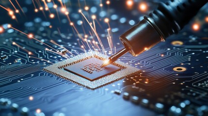 Poster - Close-up of a technician's hand working on a microchip with sparks flying, showcasing precision engineering.