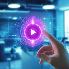 Poster - A close-up of a hand, possibly male, interacting with a glowing play button in a futuristic office setting.