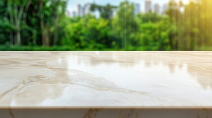 Poster - Defects on Pieces of Work Concept, Elegant Polished Stone Countertop with Reflection and Natural Background in Contemporary Setting