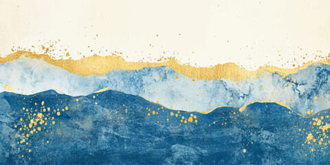 Wall Mural - abstract blue watercolor background with golden lines, vector illustration, white space in the cente