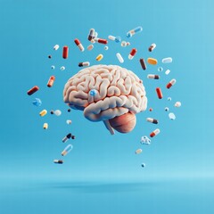 Aufkleber - 3D model of a human brain surrounded by various colorful pills illustrating mental health and medication impact. Generative AI