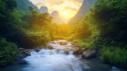 Sticker - Scenic sunset over lush green valley with flowing stream.