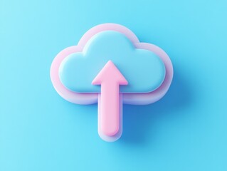 Poster - 3D cloud icon with up and down arrows on a blue background featuring soft lighting and negative space