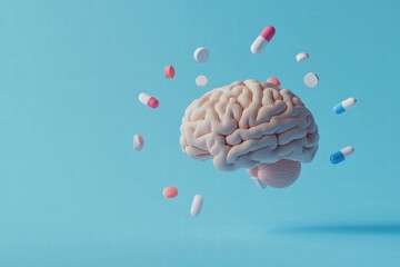 Aufkleber - Human brain 3D model surrounded by colorful pills representing mental health and wellness concepts. Generative AI