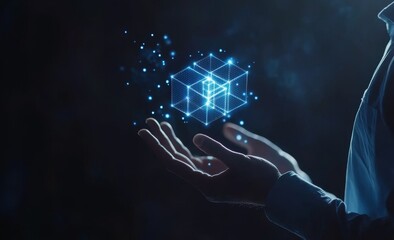 Poster - Businessman presenting futuristic AI hologram with glowing blue cubes on a dark technological background