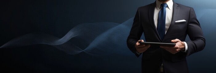 Poster - Businessman displaying tablet with cloud icon and digital wave on dark blue background, wide banner design