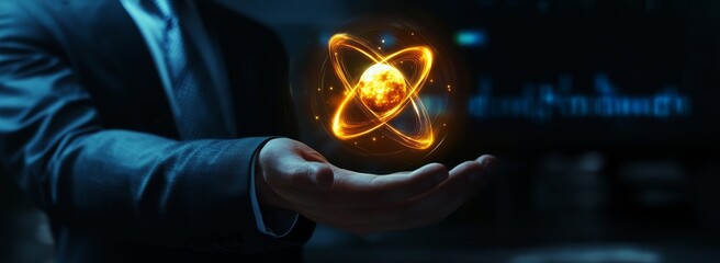 Poster - Businessman presenting a futuristic hologram of an energy atom symbol over a digital interface with copy space