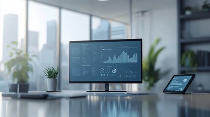 Poster - Modern office workspace with computer displaying data analytics.