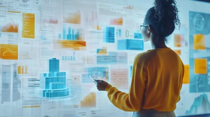 Poster - Woman analyzing data on interactive display.