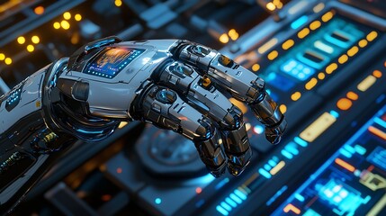 Poster - Robotic hand interacting with futuristic technology.