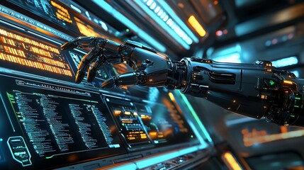 Poster - Robotic hand interacting with futuristic interface.