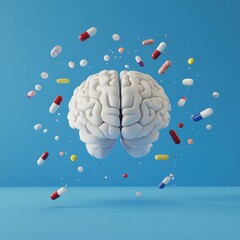 Aufkleber - 3D model of a human brain surrounded by colorful pills representing health and wellness concepts in a studio setting. Generative AI