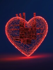 Poster - A glowing, wireframe heart with intricate details, symbolizing love and technology against a dark background.