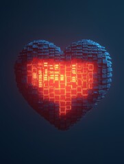 Poster - A glowing, digital heart made of interconnected blocks, symbolizing technology and emotion in a futuristic design.