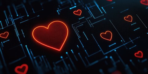 Poster - A digital background features glowing red hearts against a dark, circuit-like design, symbolizing love and technology.