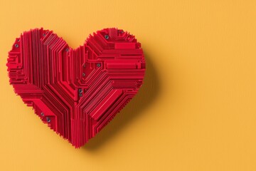 Poster - A vibrant red heart made of textured lines on a bright yellow background, symbolizing love and creativity.