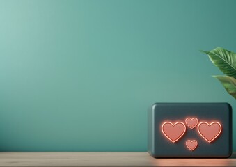 Poster - A decorative object with glowing heart shapes against a teal wall, accompanied by a green leaf, creates a cozy and romantic atmosphere.