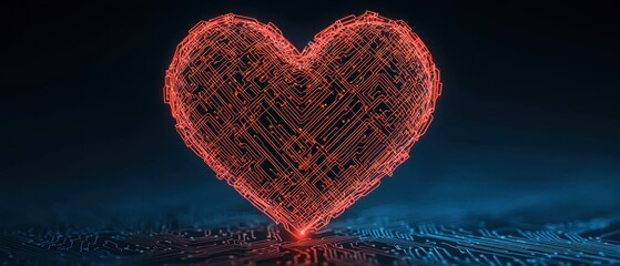 Poster - A glowing heart made of digital circuitry, symbolizing love and technology in a vibrant, futuristic setting.