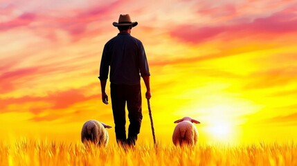 Wall Mural - A photostock of a peaceful shepherd guiding his sheep through a glowing golden field under a radiant sunset sky. High Quality