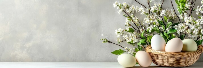 Wall Mural - This tranquil Easter scene features a rustic basket filled with softcolored eggs and blooming flowers, set against a textured background, symbolizing renewal and the joy of spring