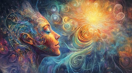 Poster - vibrant cosmic artwork depicting a woman's profile merging with swirling galaxies celestial energy for colors evoke feelings of peace spirituality concept.