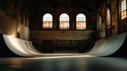 Indoor skate park interior in abandoned gothic style building