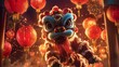 © A B I G A I L - Festive Chinese lion dance performance under vibrant red lanterns.