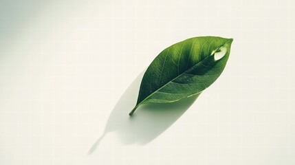 Poster - Single green leaf with water droplet resting on a smooth surface reflecting natural beauty. Generative AI