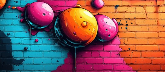 Wall Mural - Vibrant graffiti art featuring colorful paint blobs on a brick wall.