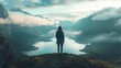 © aseenz - woman stands on a mountaintop with overlooking a breathtaking lake nestled among majestic mountains for Scene is serene Peaceful concept.