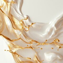 Poster - Golden liquid threads rippling on white surface artistic display abstract art minimalist environment close-up view visual concept