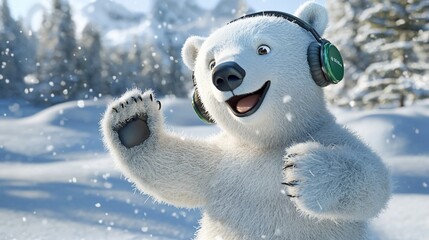happy polar bear in headphones dancing in snowy winter landscape.
