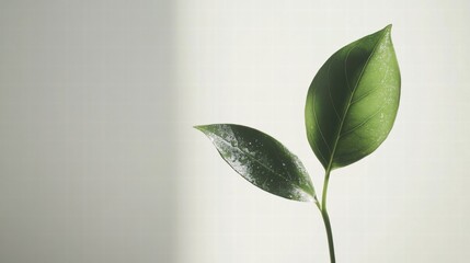 Poster - Single green leaf with perfect water droplet captured in bright light revealing fresh details. Generative AI