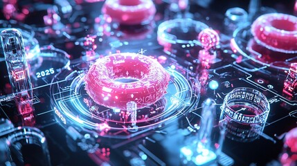 Poster - Abstract digital circuitry with glowing pink and blue elements.
