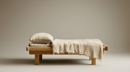 Wall Mural - Wooden Daybed With Beige Linen Throw and Pillow