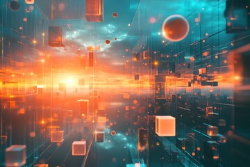Poster - vibrant digital landscape with floating geometric shapes and rad