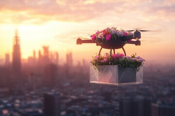 Fototapete - Drone delivers vibrant flower bouquet over a city skyline at sunset. Generative AI