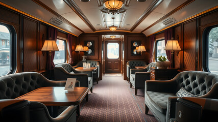 Luxury train lounge interior with velvet armchairs, wooden tables, and vintage decorative elements. Generative AI