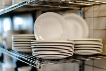 Stacks of clean white plates on a shelf.