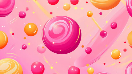 Poster - colorful candy-inspired design featuring vibrant spheres and swirls on a soft pink backdrop