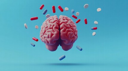 Poster - 3D model of a human brain surrounded by colorful pills depicting pharmaceutical effects on mental health. Generative AI